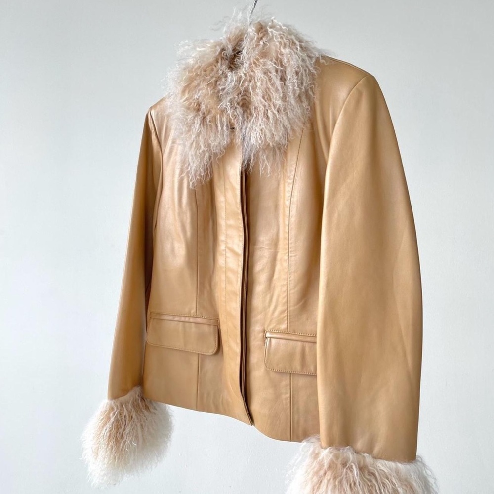 Beige Leather Jacket with Fur Trim